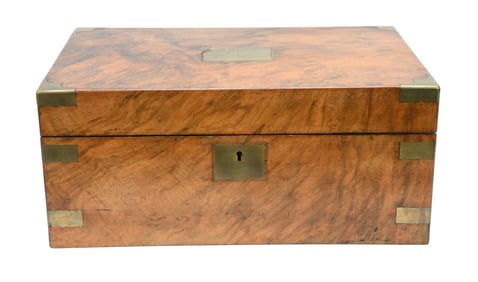 Antique Burl wood Lap Desk / writing box. Brass inlay. Ca. 1860. 7h x 16w  x 10d inches.