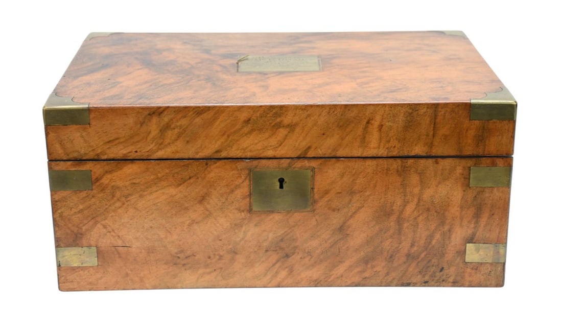 Antique Burl wood Lap Desk / writing box. Brass inlay. Ca. 1860. 7h x 16w x 10d inches.: Antique Burl wood Lap Desk / writing box. Brass inlay. Ca. 1860. 7h x 16w x 10d inches.