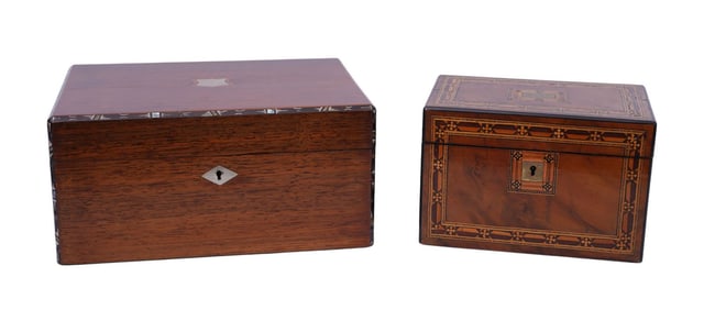 2 Piece: Antique French Rose wood box with silver and mother of pearl inlay.  Box. 5-1/2 x 11 x 8d