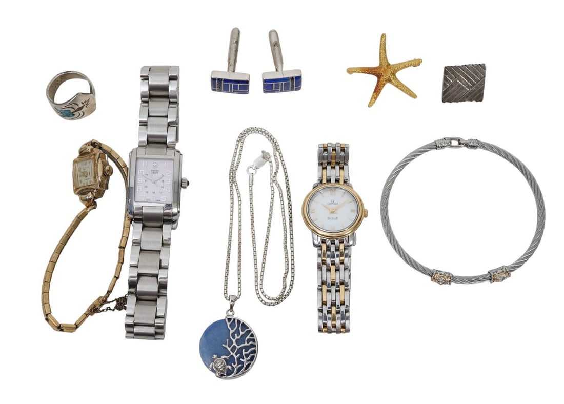 14K Yellow Gold, Sterling Silver & Costume Lot. 14K Starfish brooch wt. 8.3 grams 1.25", Sterling: 14K Yellow Gold, Sterling Silver & Costume Lot. 14K Starfish brooch wt. 8.3 grams 1.25", Sterling Silver 29.3 grams necklace, ring, cufflink & tie tac. Alor cable bracelet stainless steel with diamond