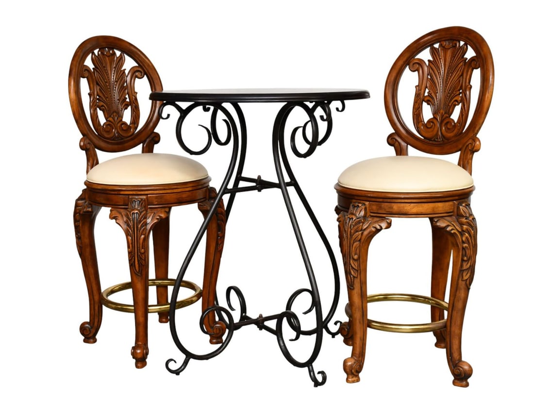 Bistro Table Metal Base with Wood Top, 40"h x 33"dia (Pier One) AND 4 Swivel Barstools with Brass (1 of 5)