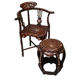 2 Oriental Pieces with Mother of Pearl, Corner Armchair (33"h x 29"w) AND Stool (18"H x 16"w)