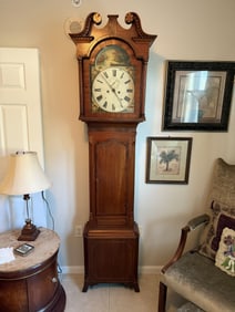 18/19th C. Tall Case Clock, Mahogany with Inlay,  Broken Arch Pediment With Inlay & Dental Molding,