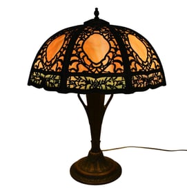Art Glass & Slag Metal Table Lamp, 24"h x 17"dia with Shade