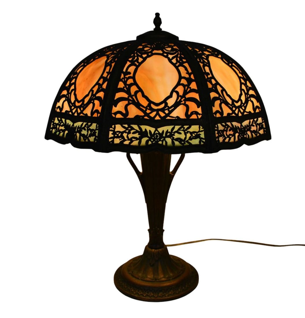 Art Glass & Slag Metal Table Lamp, 24"h x 17"dia with Shade (1 of 7)