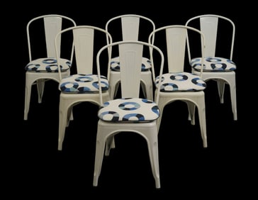 6 Whtie Metal Stackable Bistro Chairs, Blue & White Cushions
