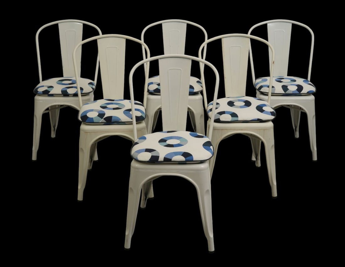 6 Whtie Metal Stackable Bistro Chairs, Blue & White Cushions (1 of 7)
