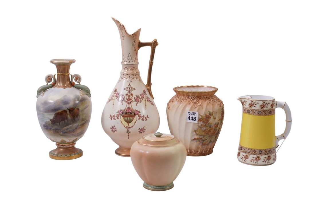 5 Pieces 19th c. English Porcelain Tableware's, Royal Worcester Hand painted Vase, Animals & (1 of 14)