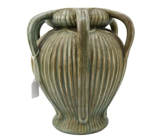 Pottery Ribbed Vase with 6 Handles, Matte Green, 12"h x 11"dia