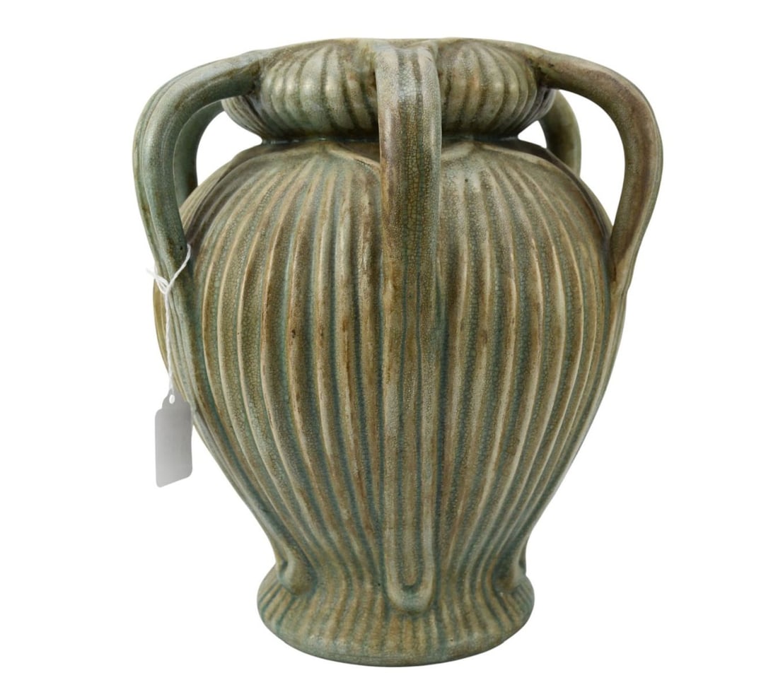 Pottery Ribbed Vase with 6 Handles, Matte Green, 12"h x 11"dia (1 of 4)