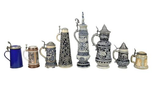 Collection of 8 Assorted German Steins, including one Villeroy & Boch, 18 1/2"h x 5"w Tallest