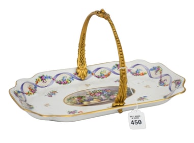 Continental Porcelain Hand painted Serving Tray (13" x 9") with Bale Handle (7"h) Fruit & Floral