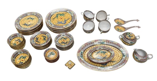 Hong Kong Porcelain Dinner Set, Decorated In Yellows with Dragon Motif, incl; 8 Dinner Plates