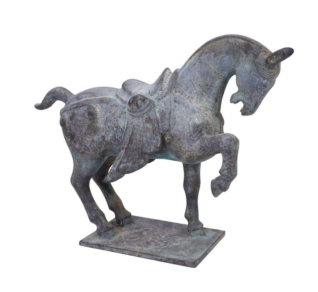 Vintage Chinese Tang Dynasty Style bronze figure of a standing horse. Measures 9" H X 4" W X 11.5" (1 of 6)