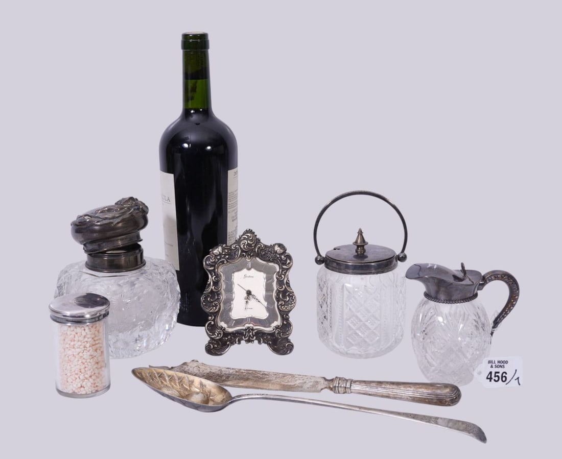 7 Assorted Tableware's, Glass Dresser Jars with S.P. Tops, Sterling Gorham Clock, Cyna Watch Co.: 7 Assorted Tableware's, Glass Dresser Jars with S.P. Tops, Sterling Gorham Clock, Cyna Watch Co. Swiss and 2 Serving Pieces, 6 1/2"h x 5" Largest Jar & 12"L Serving Spoon