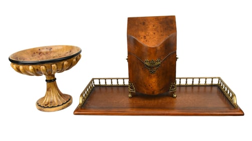 3 Theodore Alexander Decorative Pcs, Tea Caddy with Brass Mounts (14"h x 8"w x 6"d), Shelf with