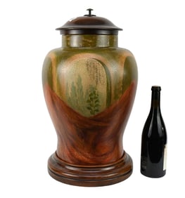 Theodore Alexander Covered Urn With Hand painted classical design, arches, drapes and ferns, Faux