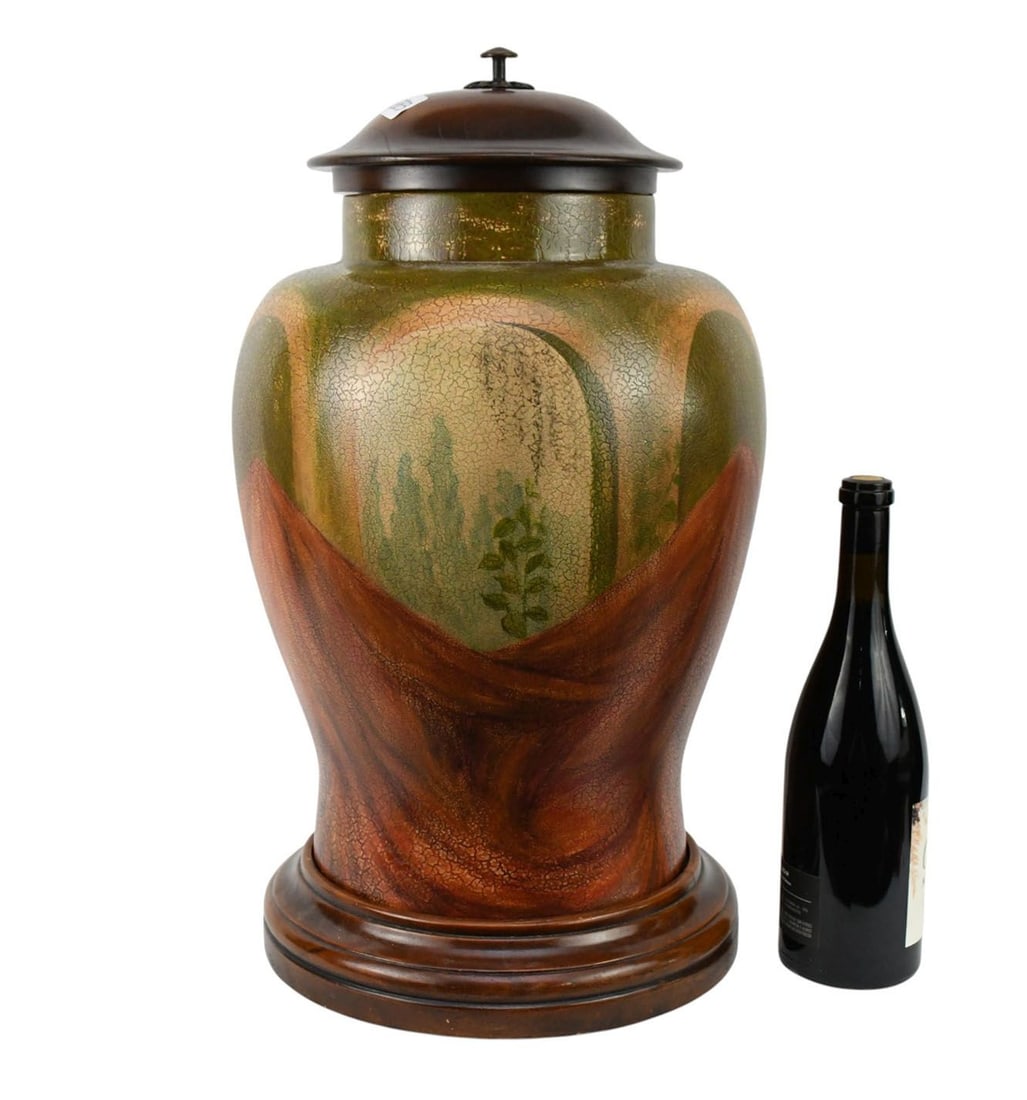 Theodore Alexander Covered Urn With Hand painted classical design, arches, drapes and ferns, Faux: Theodore Alexander Covered Urn With Hand painted classical design, arches, drapes and ferns, Faux Craquelure throughout, Sitting on Stepped wood base 22" high x 12" dia