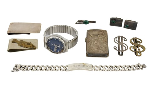 Men's Sterling Silver & Costume Lot. Sterling lighter, Dollar money Clips, Bracelet, Cufflinks and