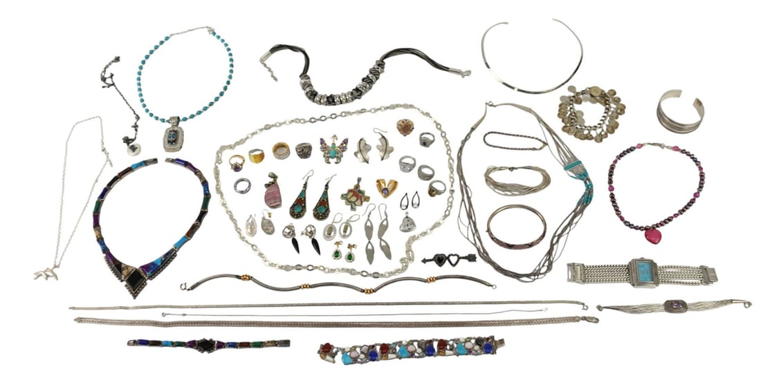 Sterling Silver Jewelry Lot. 12 necklaces, 8 bracelets, 1 watch, 9 rings, 5 pendants, 1 brooch and: Sterling Silver Jewelry Lot. 12 necklaces, 8 bracelets, 1 watch, 9 rings, 5 pendants, 1 brooch and 7 pairs of earrings. Large multitone bracelet needs repair. Some signed. Watch is not sterling