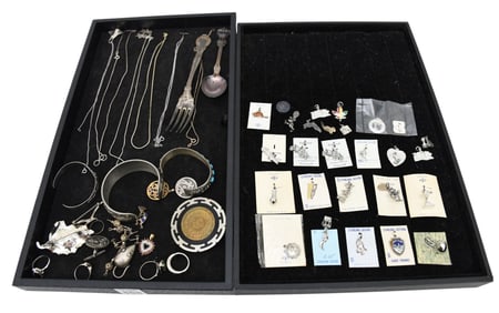 Sterling Silver Sterling Lot. Jewelry and Flatware.  8ozts. Bracelets, charms, rings 1 ring missing
