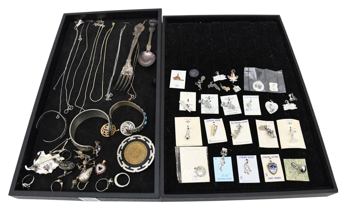 Sterling Silver Sterling Lot. Jewelry and Flatware. 8ozts. Bracelets, charms, rings 1 ring missing (1 of 9)