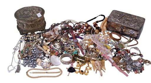 1 Jewelry Casket & Silver Plated Repousse Box Full of  Costume Jewelry Lot. Some Signed. Mostly