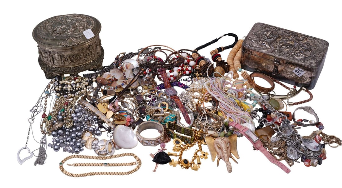 1 Jewelry Casket & Silver Plated Repousse Box Full of Costume Jewelry Lot. Some Signed. Mostly: 1 Jewelry Casket & Silver Plated Repousse Box Full of Costume Jewelry Lot. Some Signed. Mostly Necklaces, Bracelets and watches.