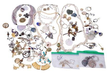 Costume Jewelry Lot. Earrings, rings, pendant, brooches, cufflinks, tie clips. Some sterling and