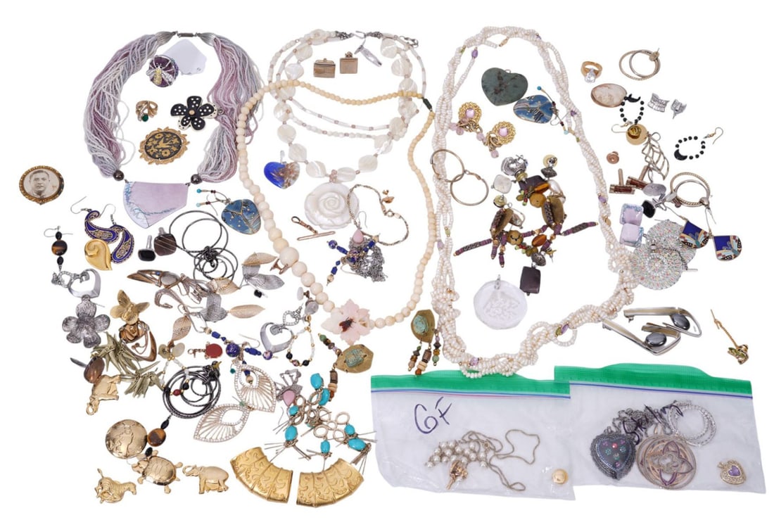 Costume Jewelry Lot. Earrings, rings, pendant, brooches, cufflinks, tie clips. Some sterling and: Costume Jewelry Lot. Earrings, rings, pendant, brooches, cufflinks, tie clips. Some sterling and gilled filled items. Pearl necklaces angel skin coral