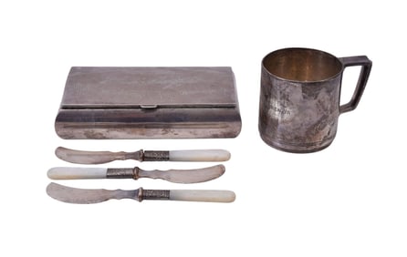 Sterling Silver Lot.  Tiffany & Co baby cup. Engraved,  Rectangular Box engraved, and 3 MOP butter