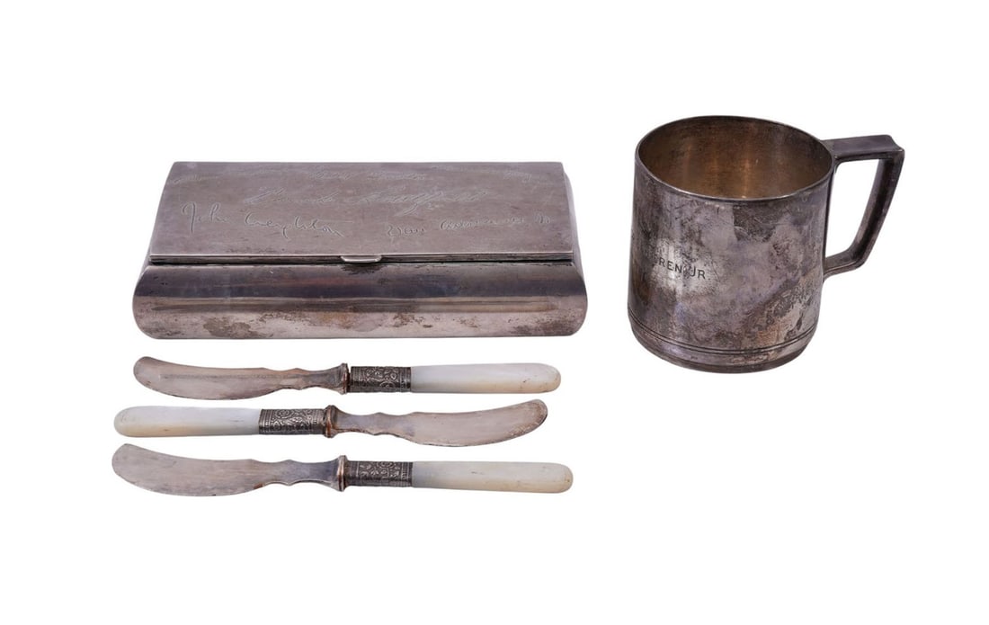 Sterling Silver Lot. Tiffany & Co baby cup. Engraved, Rectangular Box engraved, and 3 MOP butter (1 of 14)