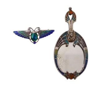 Art deco Sterling Silver Miniature Mirror & Pin. Mirror 3", Enamel Pin 1.75"