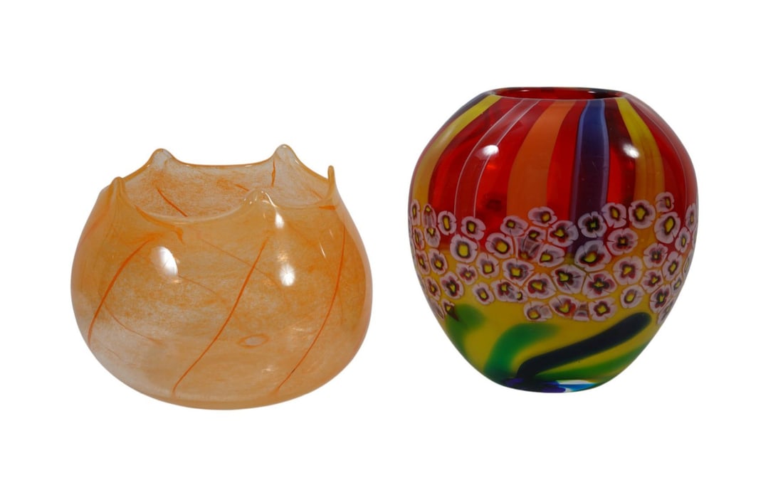 2 Art Glass Vases, Orange with Modern Fluted Rim, Polished Pontil, Signed Illegibly 1996 (8"h x (1 of 2)