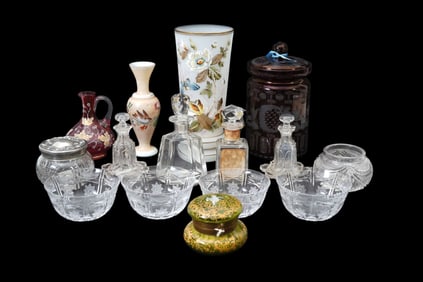 Grouping of Antique Glassware, Finger Bowls, Ruby Biscuit Jar, Scent Bottles, Dresser Jar, Cranberry