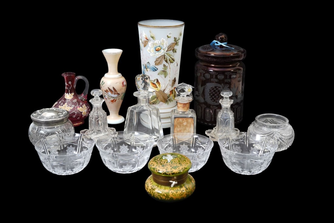 Grouping of Antique Glassware, Finger Bowls, Ruby Biscuit Jar, Scent Bottles, Dresser Jar, Cranberry (1 of 19)