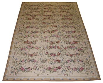 Floral French Aubusson Needlepoint Rug / Carpet, 9' x 12' (overall good condition)