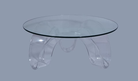 Lucite & Glass Coffee Table, Lucite Abstract Base with Round Glass Top, 14"H x 36"dia glass (some
