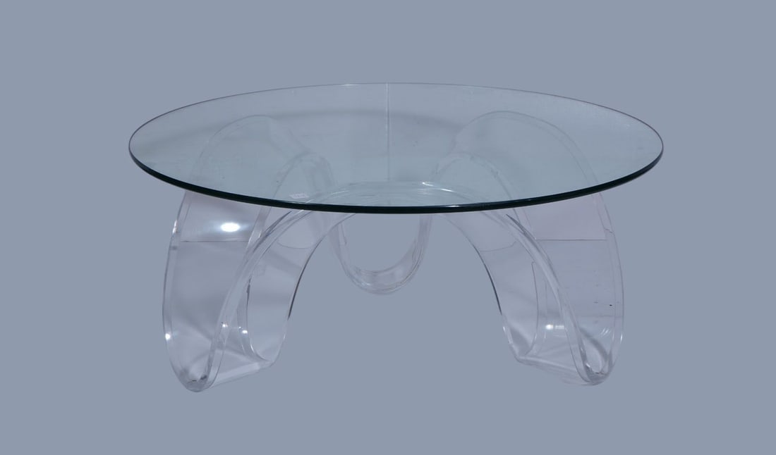 Lucite & Glass Coffee Table, Lucite Abstract Base with Round Glass Top, 14"H x 36"dia glass (some (1 of 4)