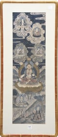 Antique Tibetan Thangka painting- site 33-3/4 x 9-1/2 inches. Overall frame size 41 x 16 inches