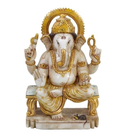Lord Ganesha Carved Marble Sculpture - Carved white marble with polychrome and gilt accents. 11 1/2"
