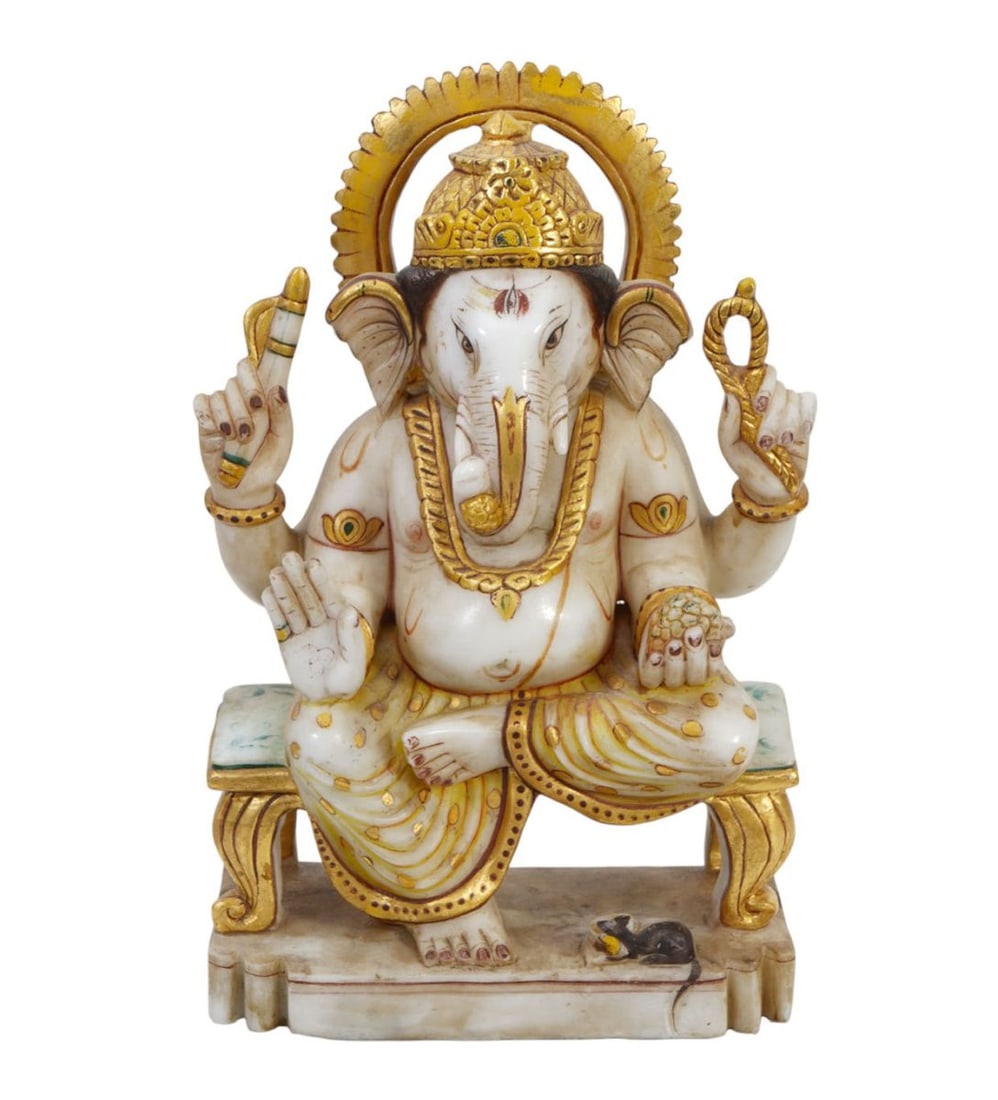 Lord Ganesha Carved Marble Sculpture - Carved white marble with polychrome and gilt accents. 11 1/2": Lord Ganesha Carved Marble Sculpture - Carved white marble with polychrome and gilt accents. 11 1/2" h x 7 1/4" w. Condition: Some gilt rubbing losses
