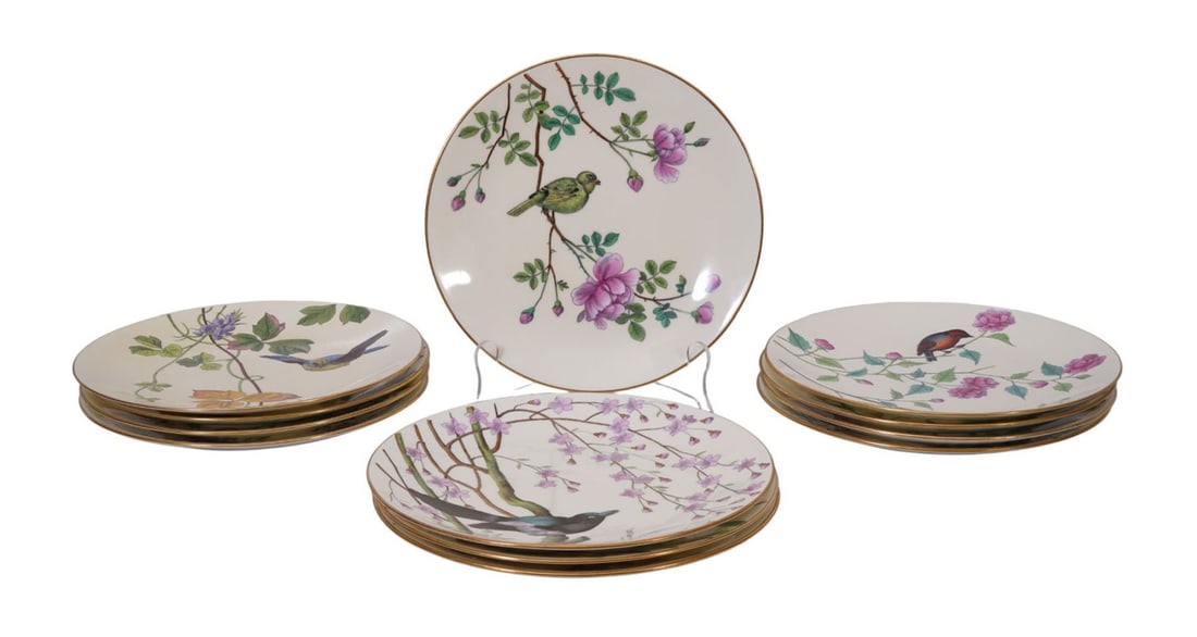12 Minton Porcelain Plates, Assorted Bird & Flower Motif (9 12"dia) (some wear): 12 Minton Porcelain Plates, Assorted Bird & Flower Motif (9 12"dia) (some wear)