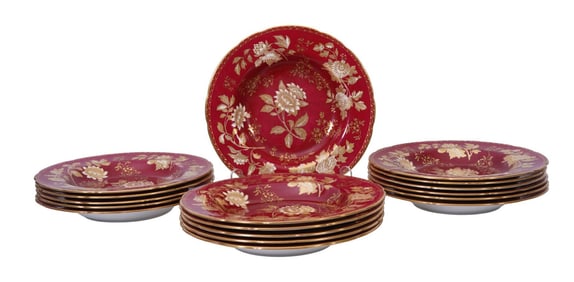 17 Wedgwood Soup Bowls, Cranberry Color with Gilt Floral Accents (9 3/8"dia)