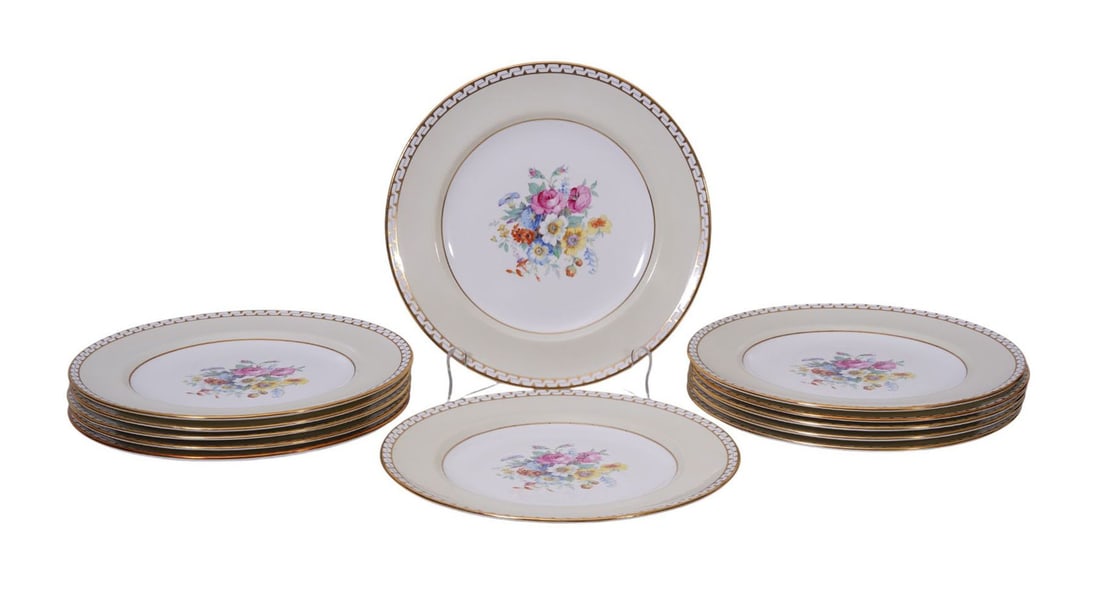 12 Royal Crown Derby Porcelain Plates (10 1/2"dia), Plummer NYC, Ivory Ground with Floral Centers, (1 of 7)