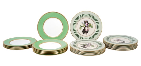 12 Rosedale Porcelain Plates, Sage Color with Gilt (10 5/8"dia, some wear)