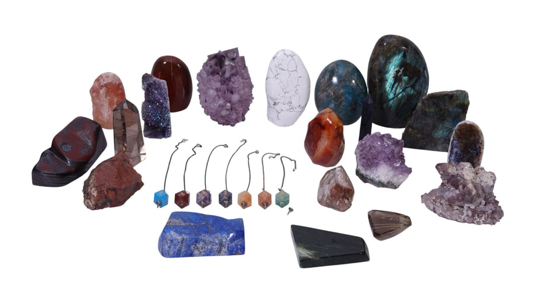 Group of 20 assorted Crystals and minerals tallest 7" high: Group of 20 assorted Crystals and minerals tallest 7" high