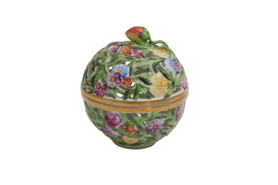 Herend Porcelain Strawberry Finial Openwork Ball Bonbonniere in Naturalistic floral pattern. 4" high (1 of 8)
