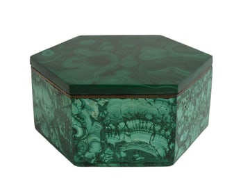 Vintage Malachite Hexagonal trinket box with red velvet interior,  2.25" high x 4.25" dia
