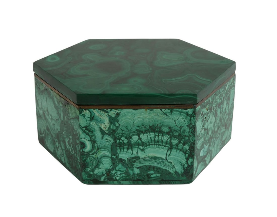 Vintage Malachite Hexagonal trinket box with red velvet interior, 2.25" high x 4.25" dia: Vintage Malachite Hexagonal trinket box with red velvet interior, 2.25" high x 4.25" dia
